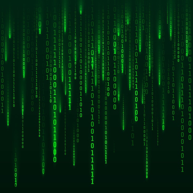 Vector sci-fi background. binary computer code. green digital numbers. matrix of binary numbers. futuristic hacker abstraction backdrop. random numbers falling on the dark background.  