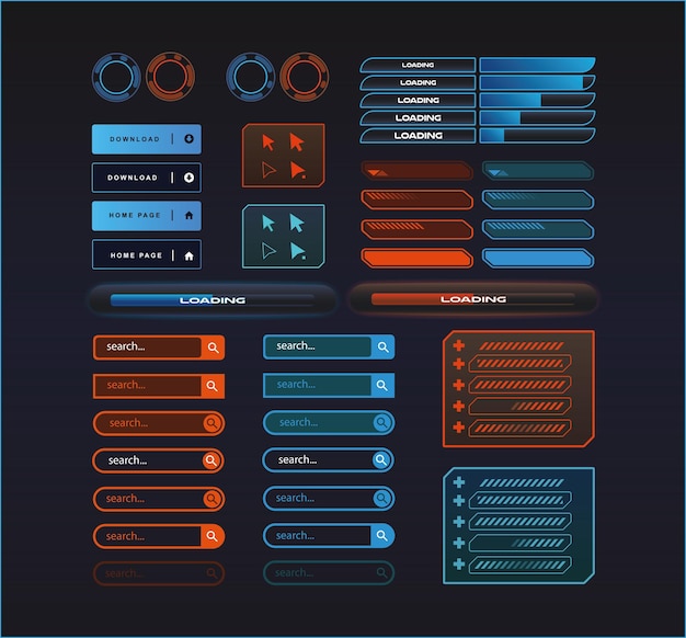 Vector sci fi futuristic ui elements set vector icons buttons loading progress bar mouse arrows