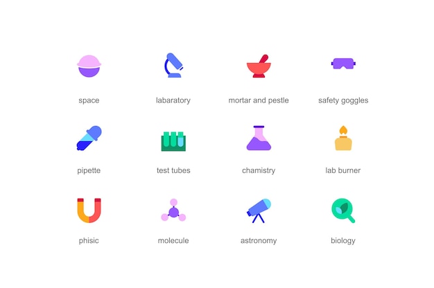 Vector science concept of web icons set in color flat design pack of space laboratory mortar