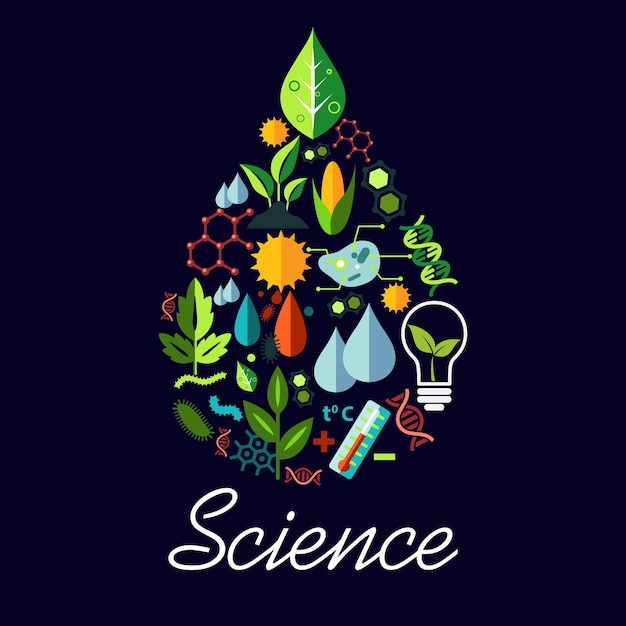 Vector science emblem in drop shape with symbols