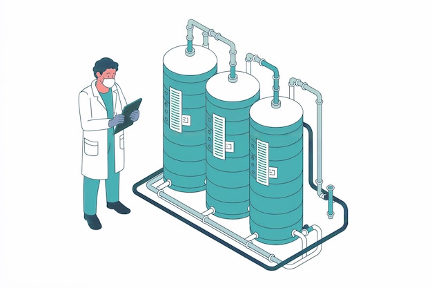 Vector scientist inspecting industrial tanks in laboratory setting