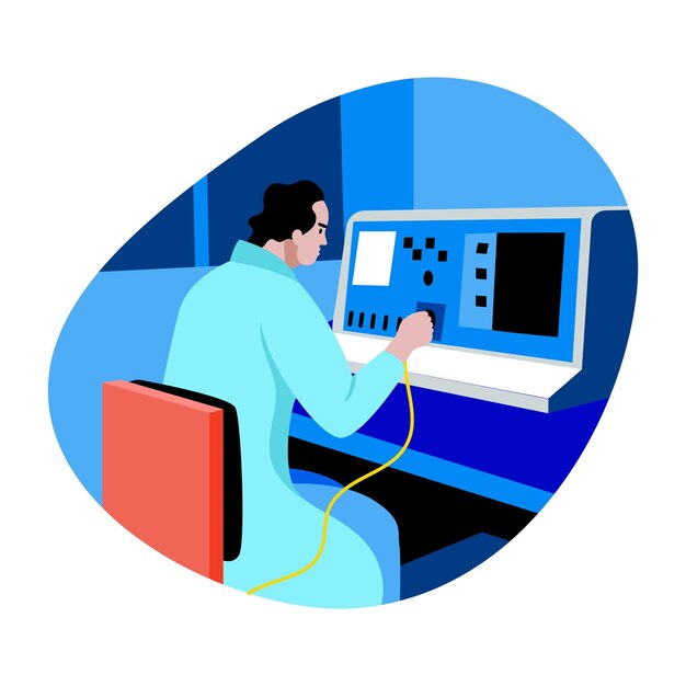 Vector scientist operating advanced control panel in laboratory