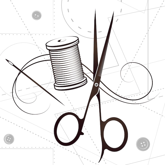 Vector scissors and needle with thread silhouette