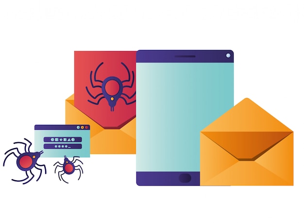 Vector screen with letter and spider isolated icons