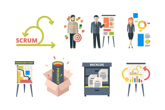 Vector scrum system. business processes time management agility team work methodology framework software development project management vector. agile system strategy software project development illustration