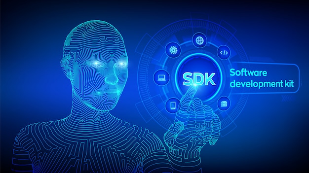 Vector sdk. software development kit programming language technology  on virtual screen. technology . wireframed cyborg hand touching digital interface. ai.  illustration.