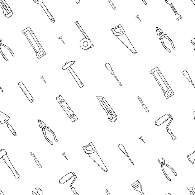 Vector seamless pattern construction tools doodle vector set of repair elements cartoon icons