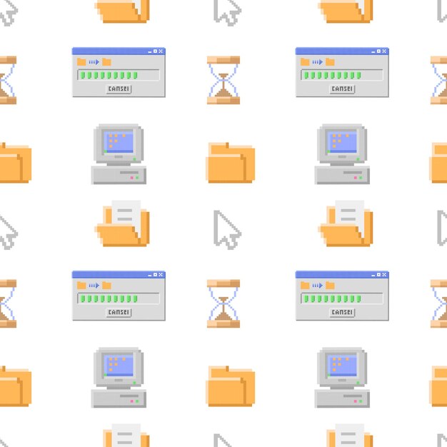 Vector seamless pattern of cursor arrows loading window retro computer in pixel style on white background
