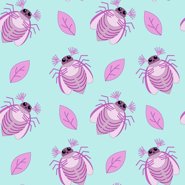 Vector seamless pattern of pink may bug chafer and leaves on a blue background vector illustration