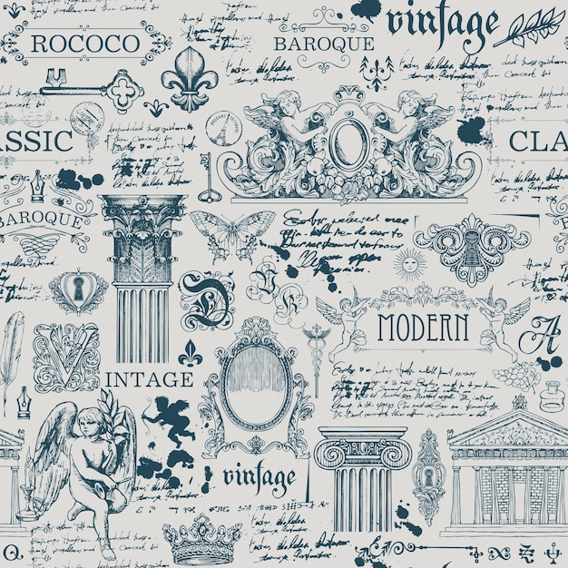 Vector seamless pattern on theme of vintage art objects and antiques