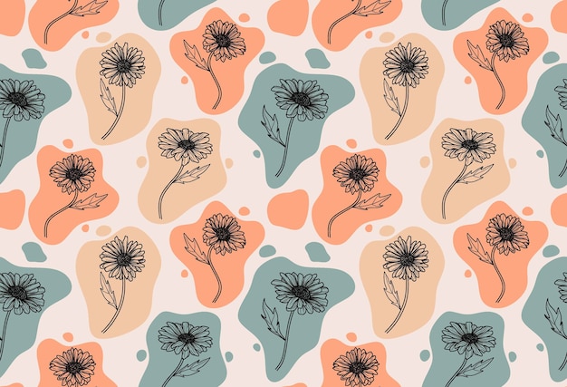 Vector seamless pattern with abstract flowers and leaves