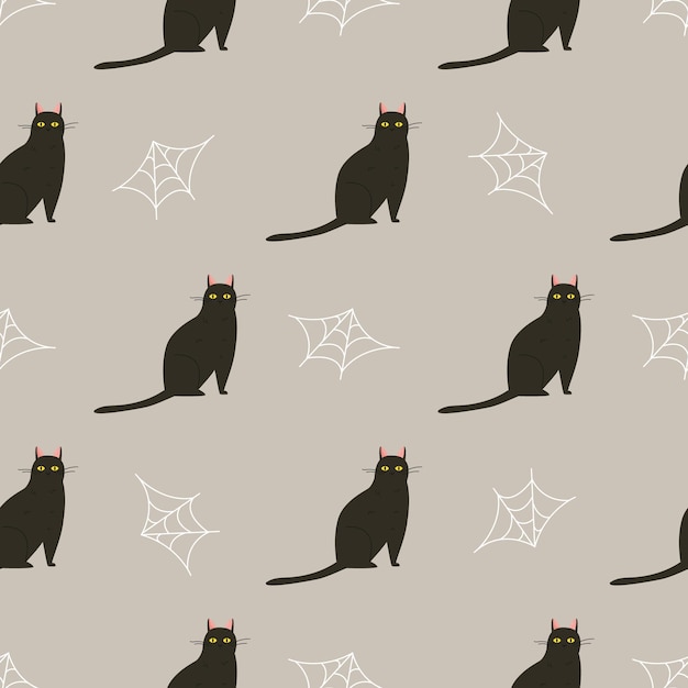 Vector seamless pattern with black cats and spider webs