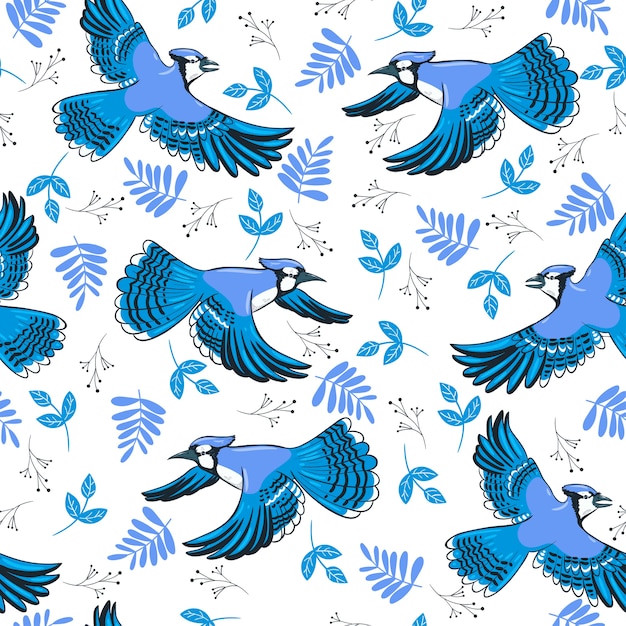 Vector seamless pattern with blue jays in flight. 