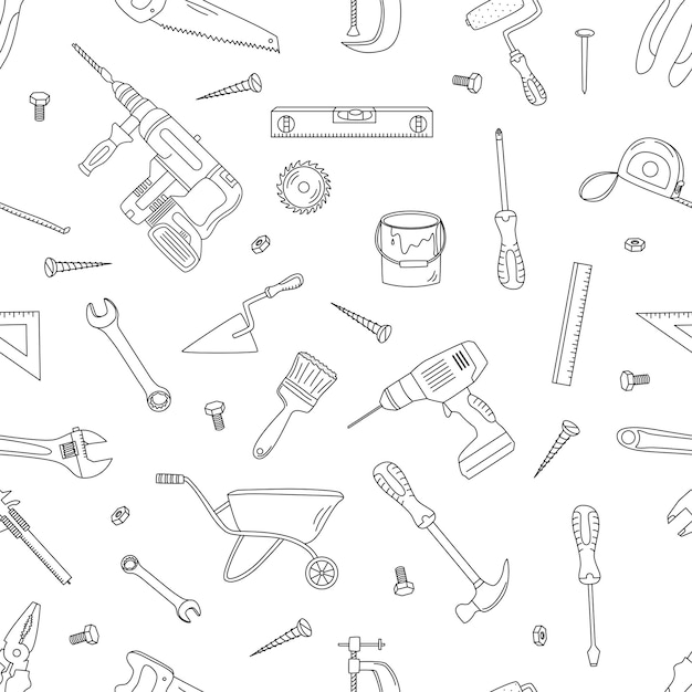 Vector seamless pattern with building elements outline vector illustration in doodle style