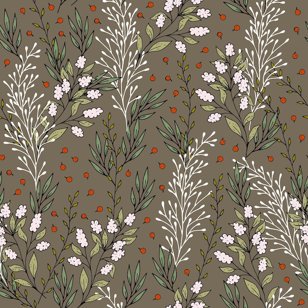Vector seamless pattern with cartoon flowers, twig