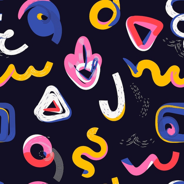 Vector seamless pattern with colorful shapes and doodles vector illustration