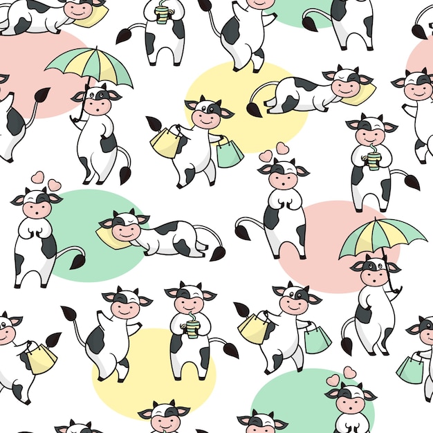 Vector seamless pattern with funny cartoon cute cows.