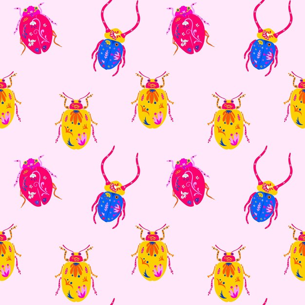 Vector seamless pattern with mexican alebrije beetles in folk art style