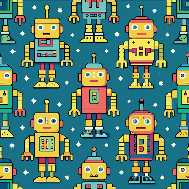 Vector seamless pattern with pixel robots
