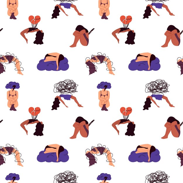 Vector seamless pattern with sad and unhappy people experiencing depression and grief