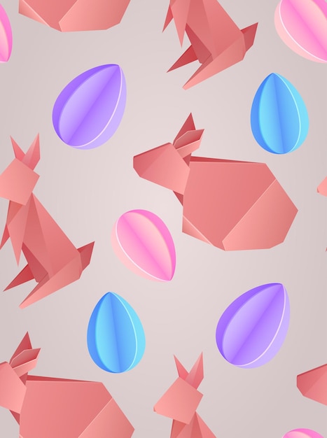 Vector seamless texture with paper origami rabbits and eggs