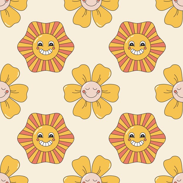 Vector seamless vector pattern with cartoon flower and sun retro style smiling characters