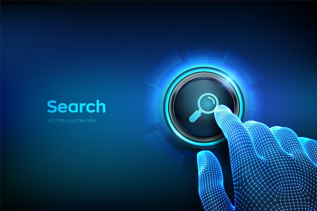 Vector search button. closeup finger about to press a button with search icon. searching browsing internet data information networking concept. just push the button. vector illustration.