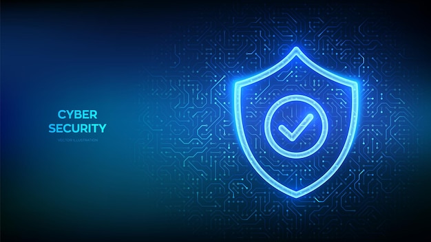 Vector security shield cyber security protection shield with check mark icon cyber data protection information privacy idea circuit board pattern pcb printed circuit texture vector illustration
