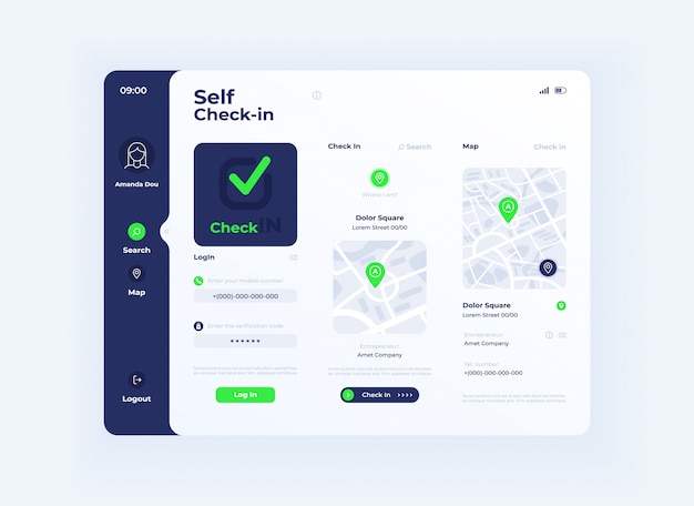 Vector self check in tablet interface template. mobile app page light mode design layout. user account menu screen. flat ui for application. maps with locations marks on portable device display