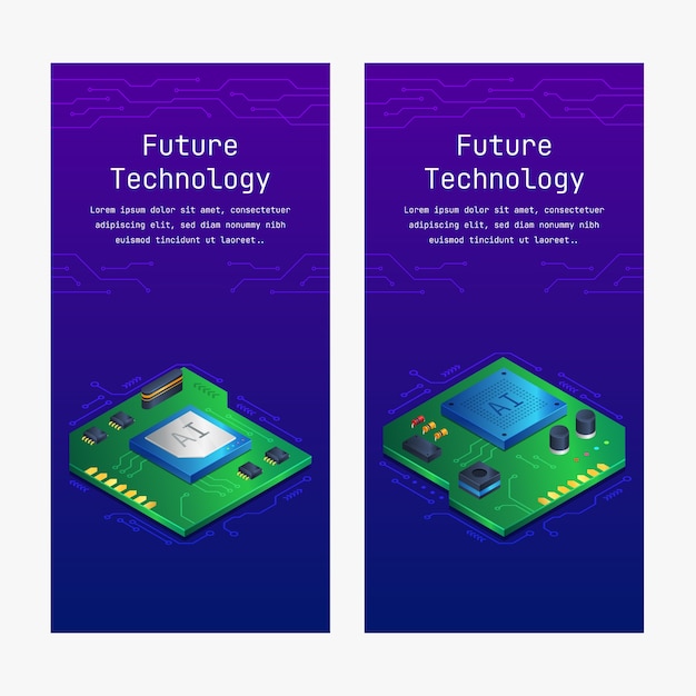 Vector semiconductor chip banners in isometric view