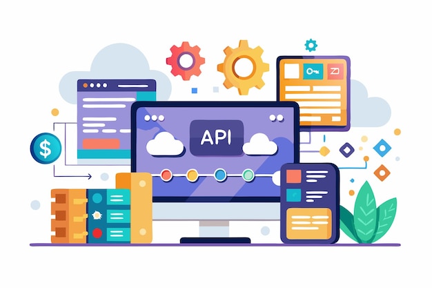 Vector a semiflat illustration showcasing customizable api development featuring various digital elements customizable api with semi flat illustration