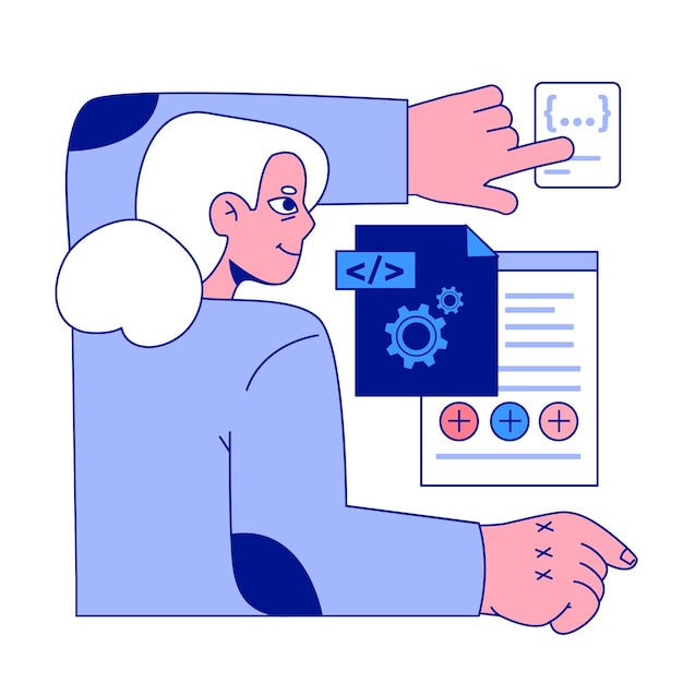 Vector senior developer old woman programming and coding developing and maintaining website and app oldster it specialist working in server and data processing centers flat vector illustration