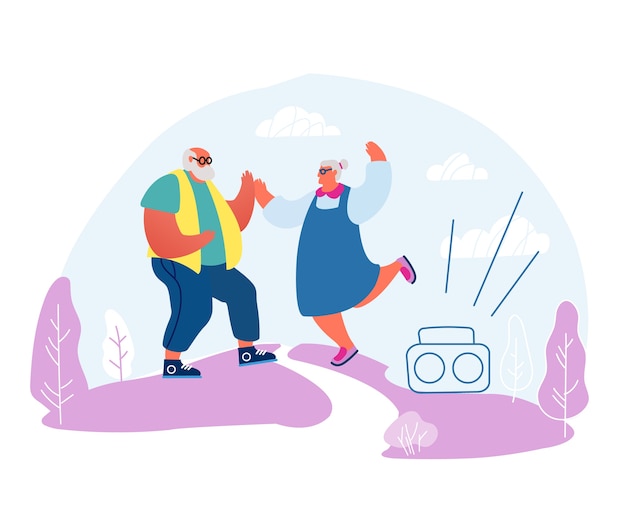 Vector senior married couple dancing sparetime.