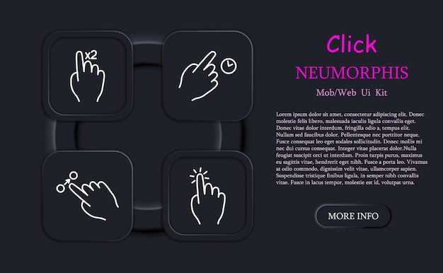 Vector sensor set icon control click tap slide touch pad gestures scroll response time cursor doubleclick forefinger index finger zoom in out next return touch screen concept neomorphism