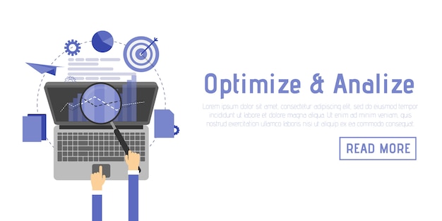 Vector seo optimization, programming process and web analytics elements in flat design