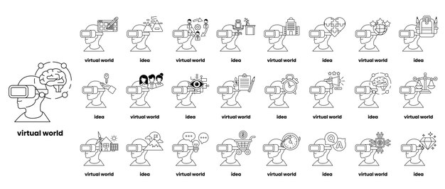 Vector a series of drawings of people in a virtual world
