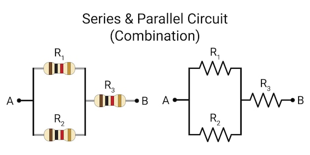 Vector series and parallel (combination) resistor circuit with symbol. physics education science.