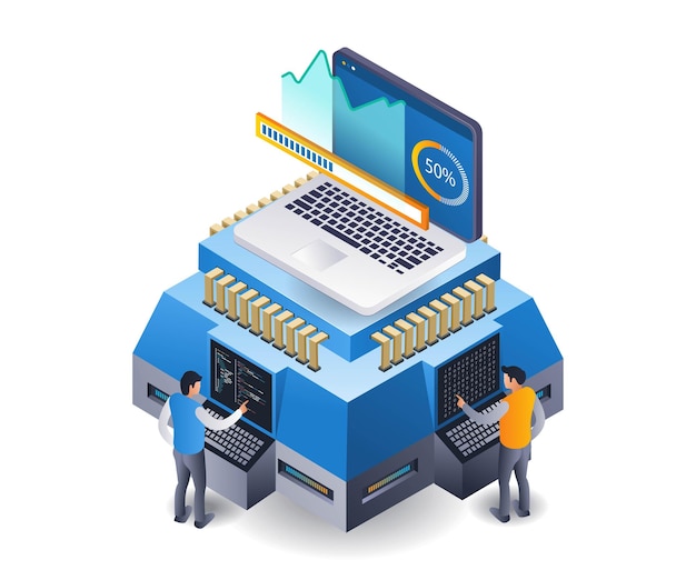 Vector server data analysis center hosting infographics flat isometric 3d illustration