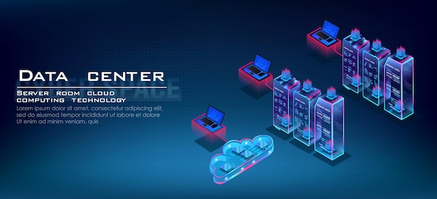 Vector server data processing in isometric projection cloud computing server room for storing and processing information through web hosting server process