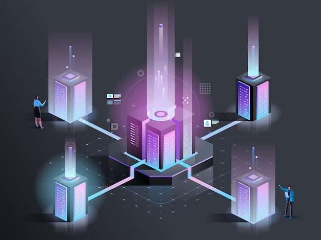 Vector server maintenance, support isometric illustration. data center technicians 3d cartoon characters. system administration, hardware upkeeping. diagnostic test, technical support dark color concept