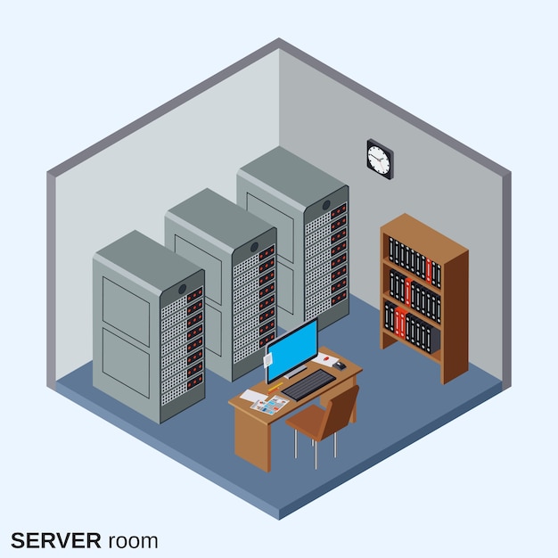Vector server room, data center interior flat isometric vector illustration