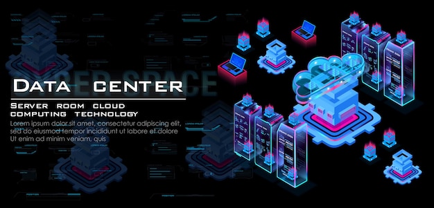 Vector server room with data processing the process of work of the server center for the transfer and storage of data through web hosting cloud computing center isometric concept