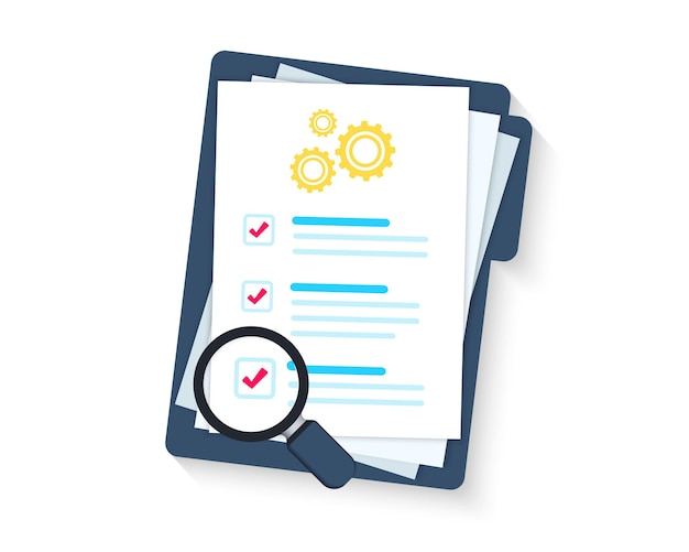 Vector service clipboard. clipboard or checklist. technical check list. technical support check list, magnifying glass solution, software upgrade. testing services. technical terms and conditions