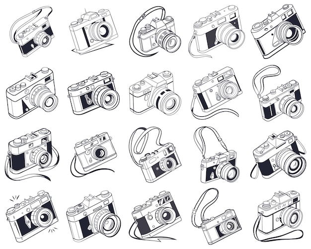 Vector set of 20 camera icons in flat vector style