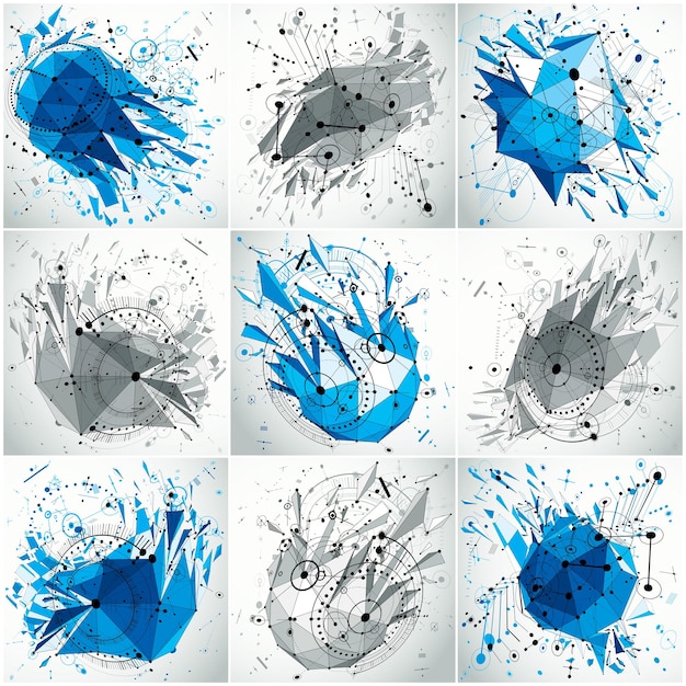 Vector set of 3d engineering technology vector backdrops made using low poly demolished objects with refractions and wireframe. technical abstraction created with bauhaus retro style design elements.