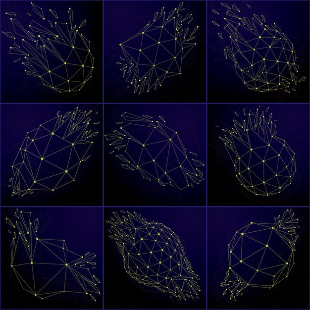 Vector set of 3d vector digital wireframe objects broken into different particles and refractions, polygonal structures with yellow lines mesh. low poly shattered shapes, cyberspace lattice forms.