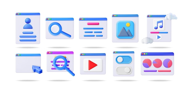 Vector set of 3d vector interface elements user profile search bar text box image music player empty window video toggle and chart windows