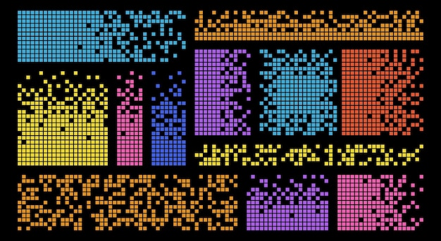 Vector set of abstract pixelated color rectangle and square multicolor geometric shape with broken pixel design elements dispersed dotted pattern