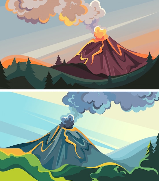 Vector set of active volcanoes in the wild. beautiful nature sceneries.