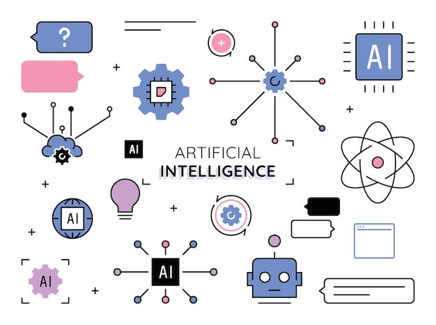 Vector set of artificial intelligence related icons machine learning smart robot cloud computing